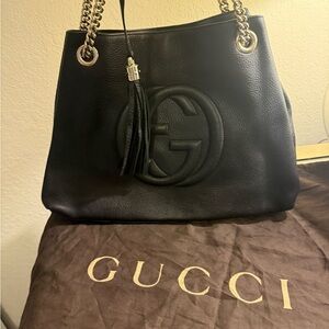 Gucci Black Leather Shoulder Bag with Chain Straps